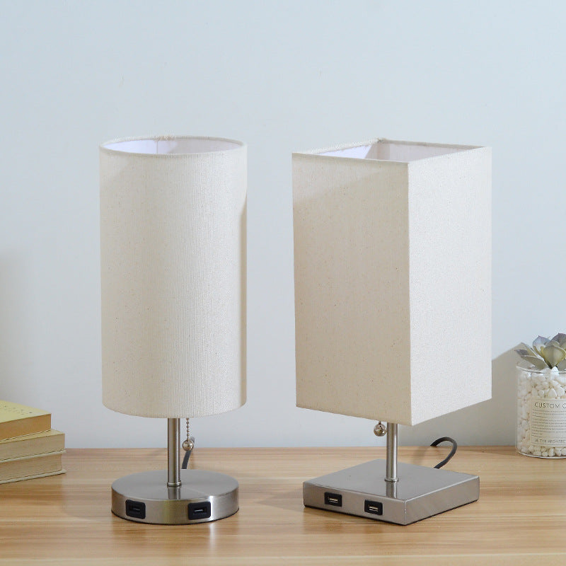 USB Holz Tischlampe LED Nachttischlampe mit Stoffschirm
