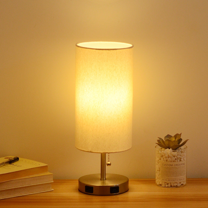 USB Holz Tischlampe LED Nachttischlampe mit Stoffschirm