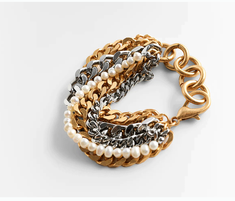 Damen-Palastperlenarmband, mehrlagig, gold-silberfarbenes Armband