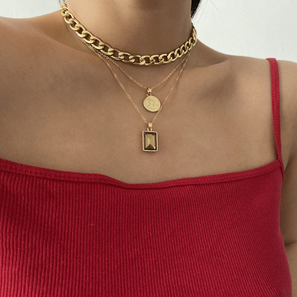 Multi-layered Tassel Necklace with Square Stone – Elegant Women's Statement Jewelry