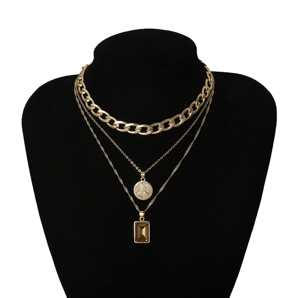 Multi-layered Tassel Necklace with Square Stone – Elegant Women's Statement Jewelry