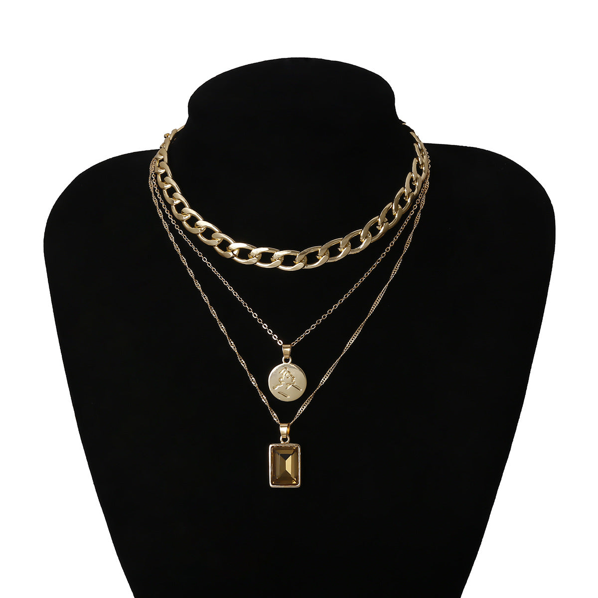 Multi-layered Tassel Necklace with Square Stone – Elegant Women's Statement Jewelry