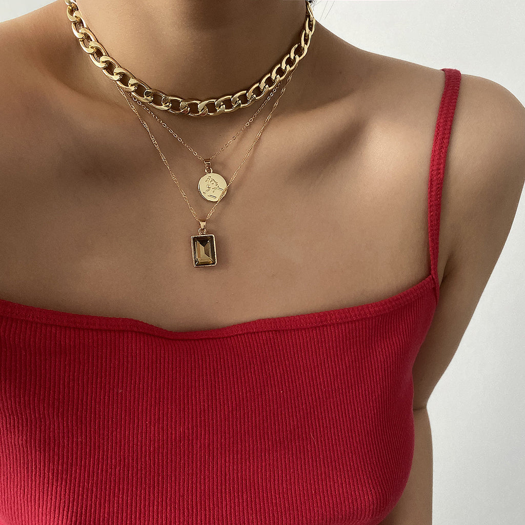 Multi-layered Tassel Necklace with Square Stone – Elegant Women's Statement Jewelry
