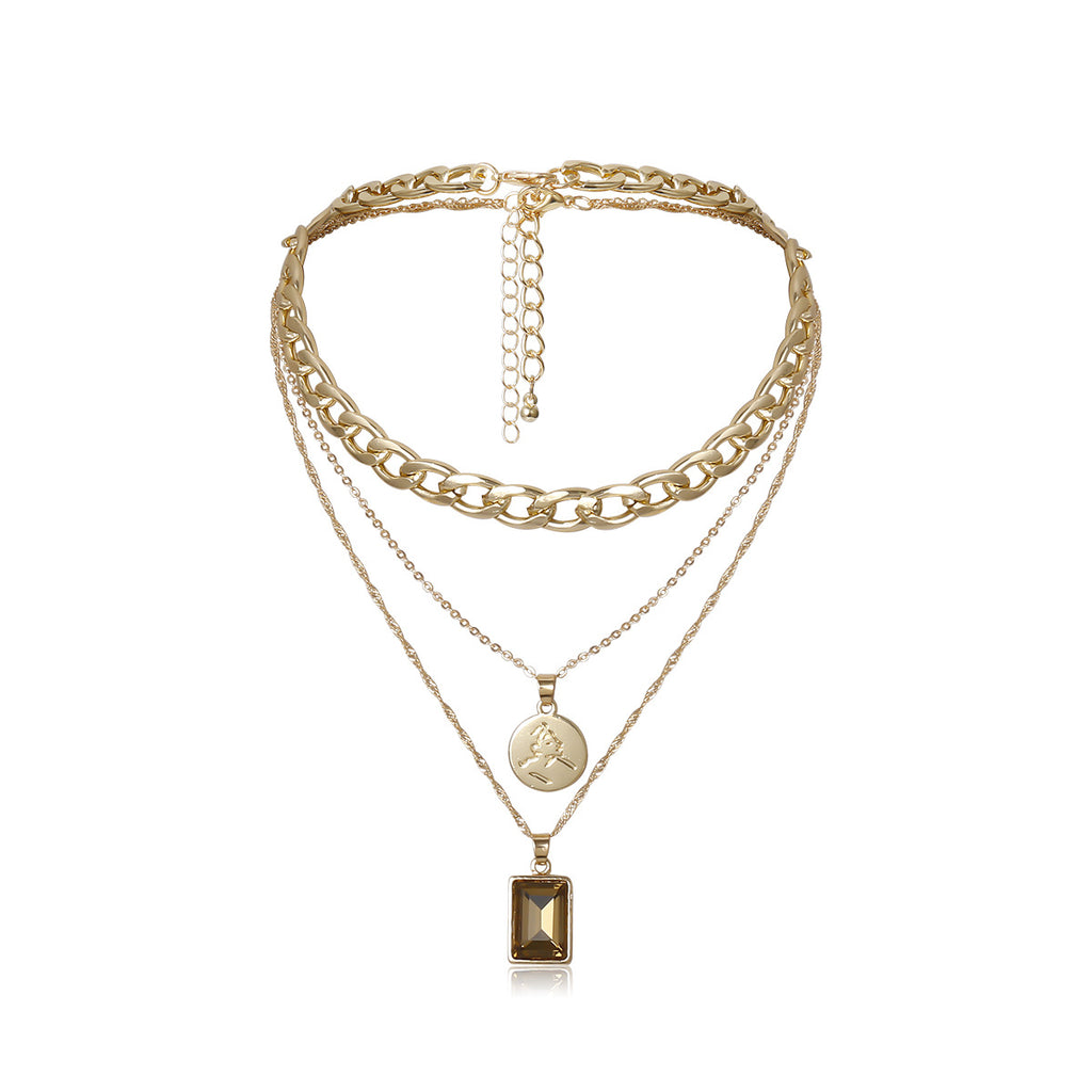 Multi-layered Tassel Necklace with Square Stone – Elegant Women's Statement Jewelry