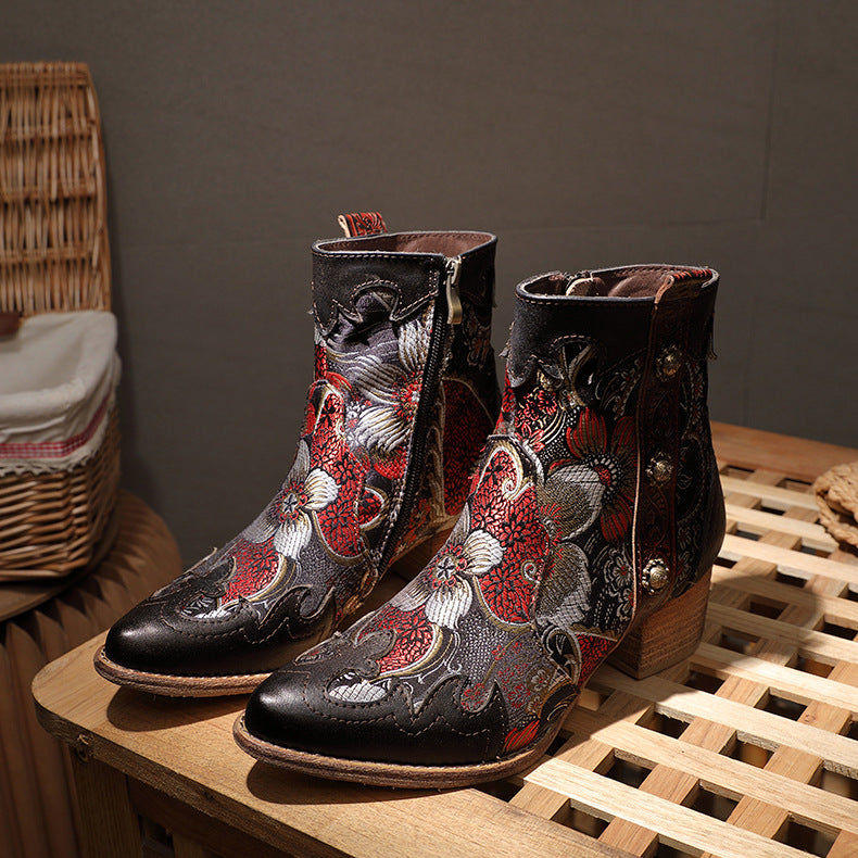 Damen Vintage Leder Boots | Warme Plateau Stiefeletten Elegant