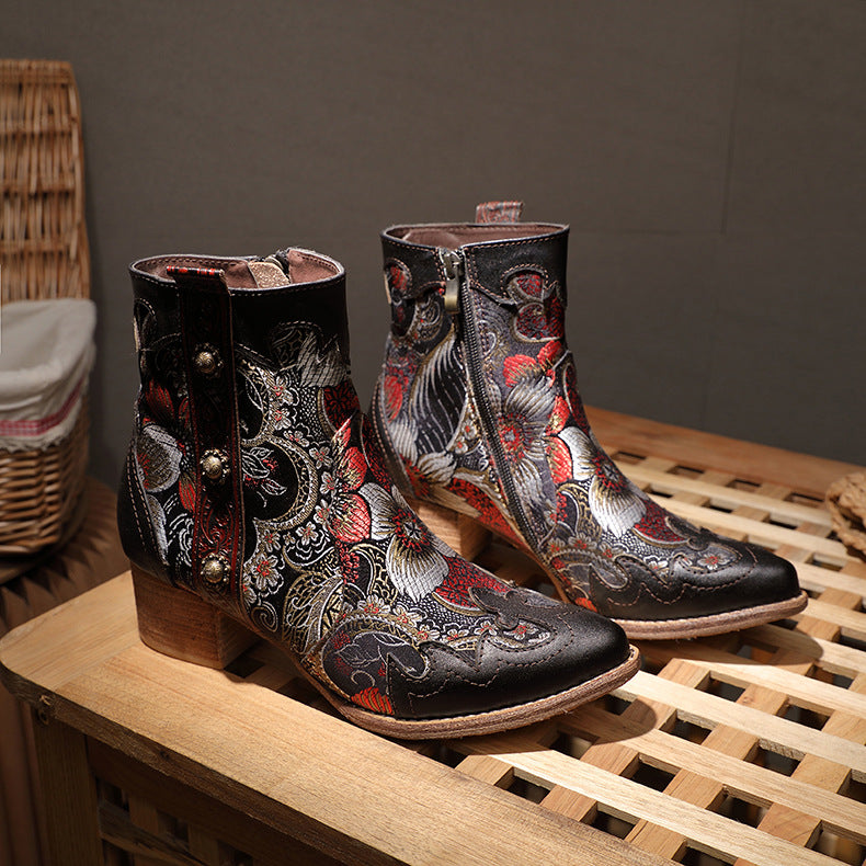 Damen Vintage Leder Boots | Warme Plateau Stiefeletten Elegant