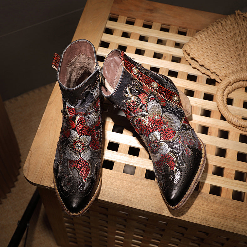 Damen Vintage Leder Boots | Warme Plateau Stiefeletten Elegant