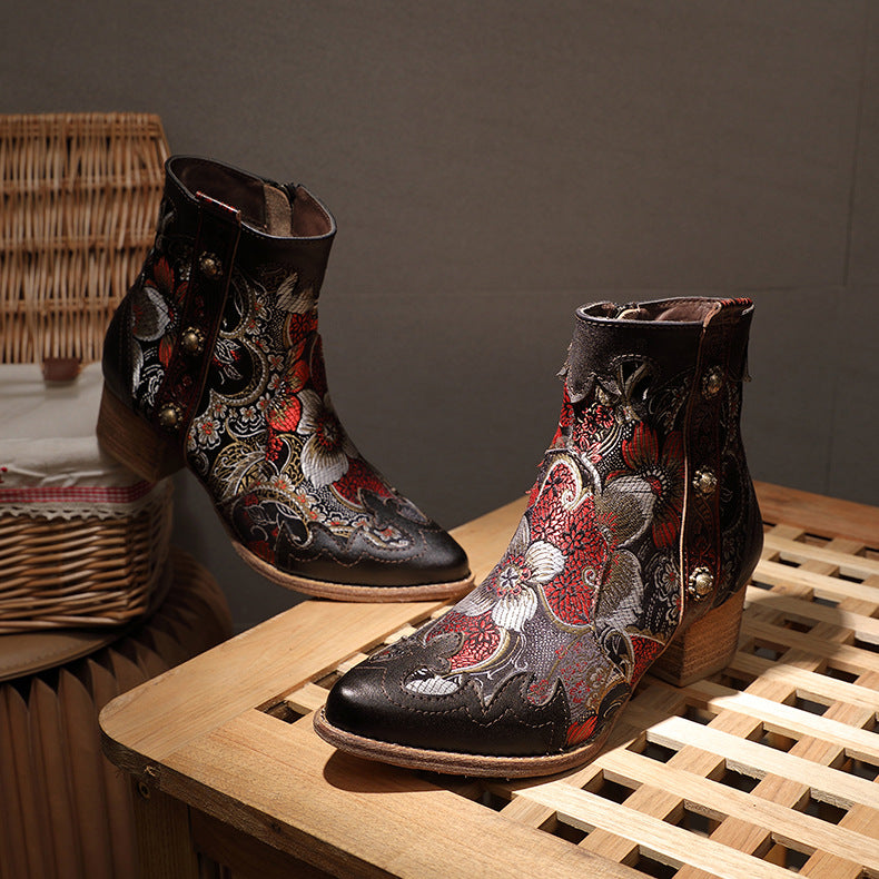 Damen Vintage Leder Boots | Warme Plateau Stiefeletten Elegant
