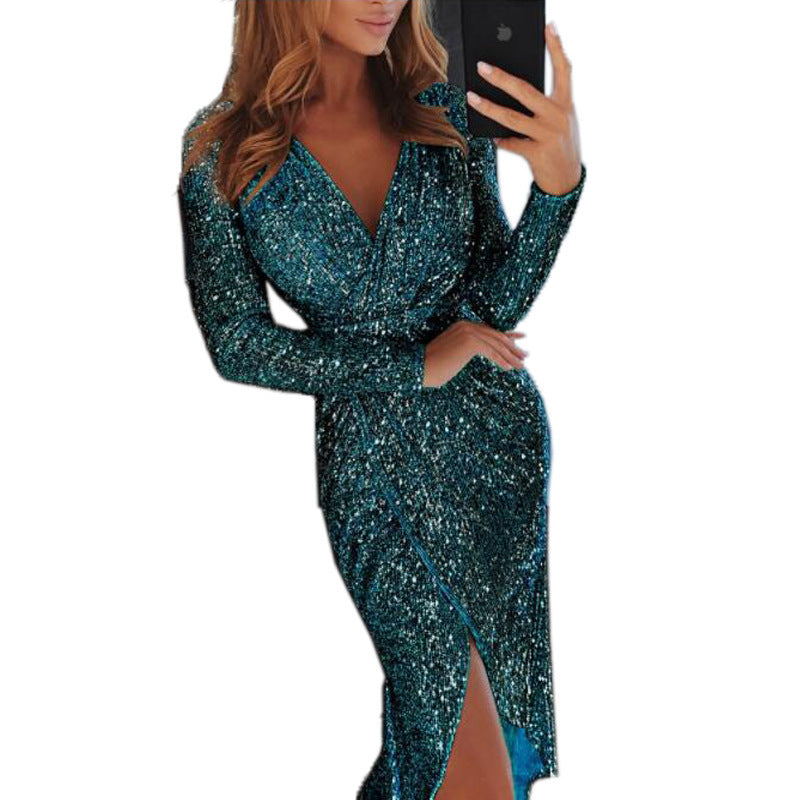 Elegant Bodycon Dress with Shimmer Effect – Long-Sleeve Form-Fitting Women's Dress