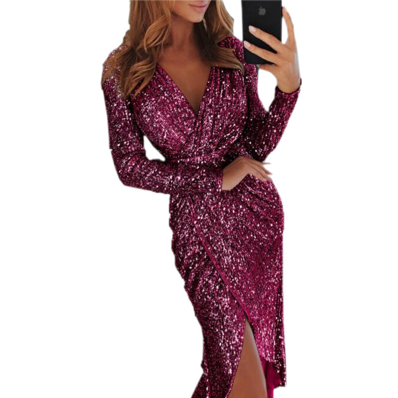 Elegant Bodycon Dress with Shimmer Effect – Long-Sleeve Form-Fitting Women's Dress