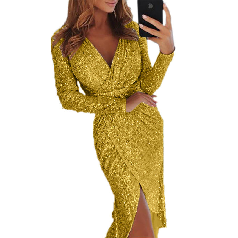 Elegant Bodycon Dress with Shimmer Effect – Long-Sleeve Form-Fitting Women's Dress