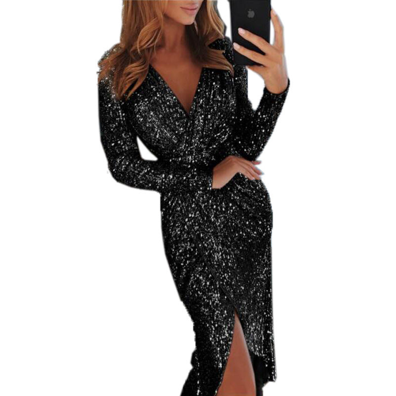 Elegant Bodycon Dress with Shimmer Effect – Long-Sleeve Form-Fitting Women's Dress