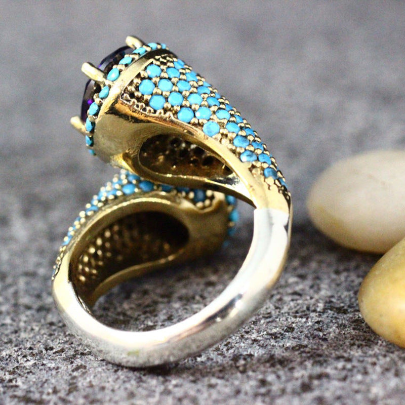 Vintage Türkis Edelsteinring mit Lila Zirkon – Eleganter Damenring