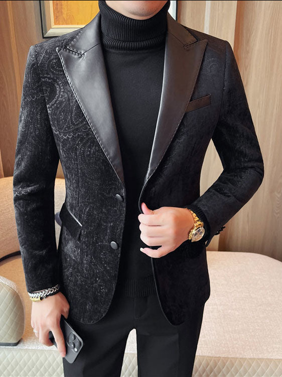Men's Jacquard Velvet Blazer with Leather Lapels – Luxury Elegant Jacket