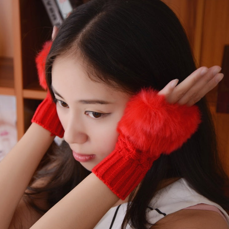 Damen Winter Halbfingerhandschuhe | Warme Plüsch Strickhandschuhe