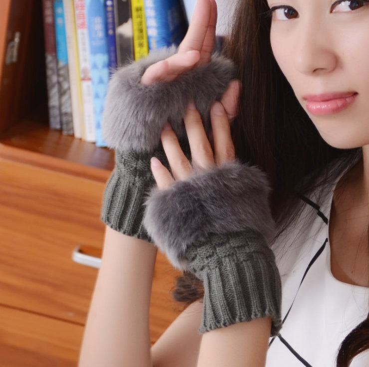 Damen Winter Halbfingerhandschuhe | Warme Plüsch Strickhandschuhe