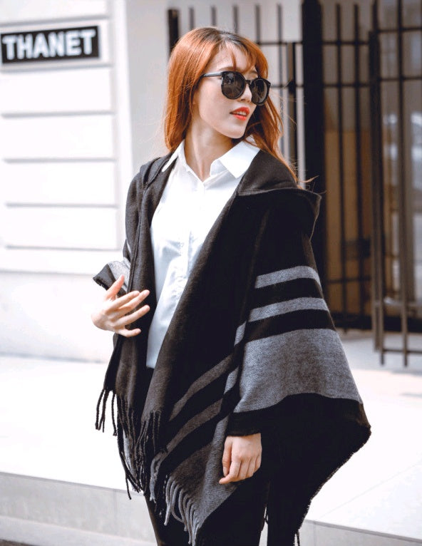 Women's Hooded Scarf Poncho | Warm Fringe Winter Cape