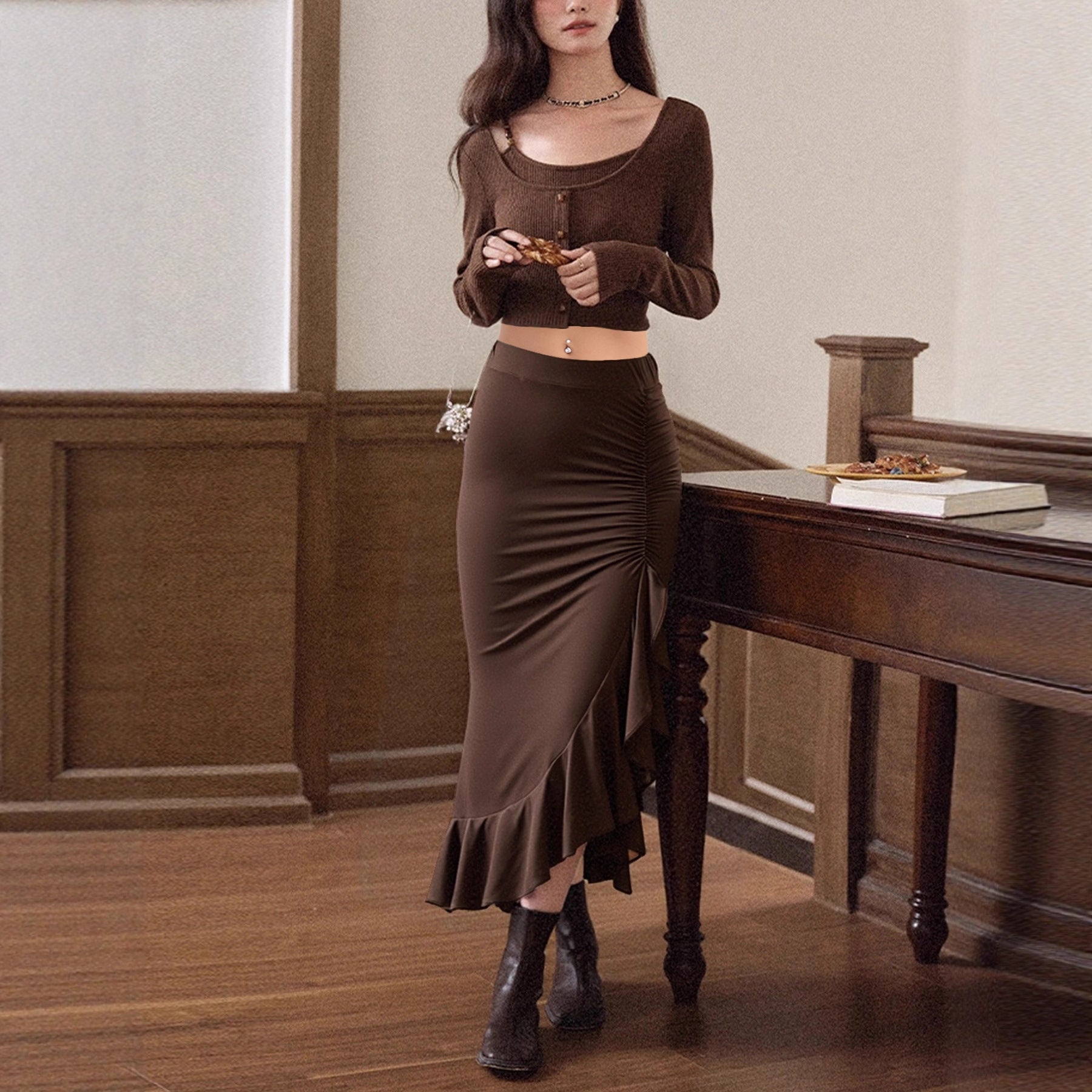 Asymmetrischer Rüschen Midirock – Eleganter Damen Rock mit Volants