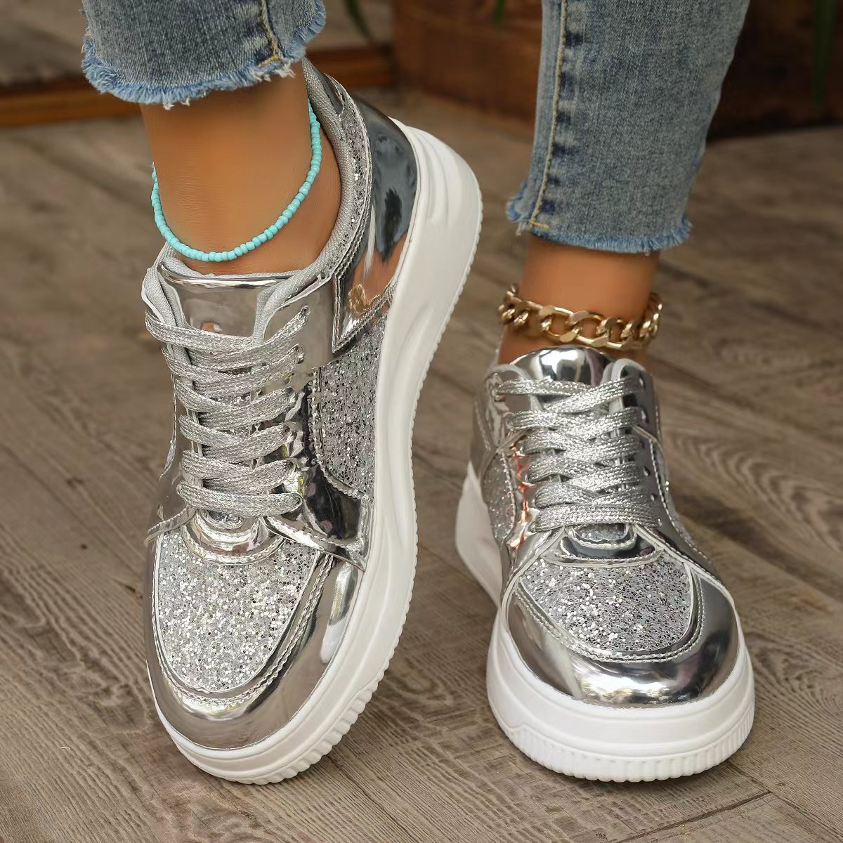Damen Plateau Sneaker mit Pailletten – Rutschfeste Fashion Schuhe