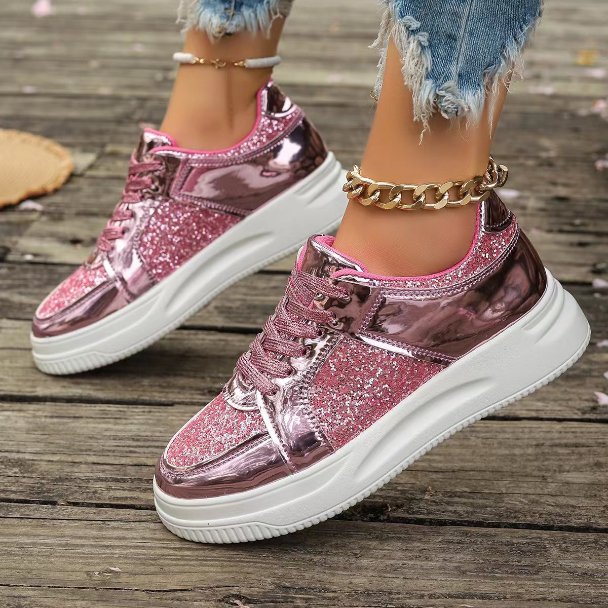 Damen Plateau Sneaker mit Pailletten – Rutschfeste Fashion Schuhe