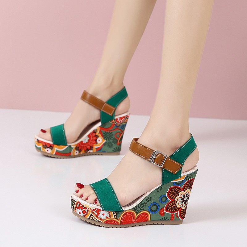 Damen Keilsandalen Blumen | Plateau Schnalle Sommer Schuhe