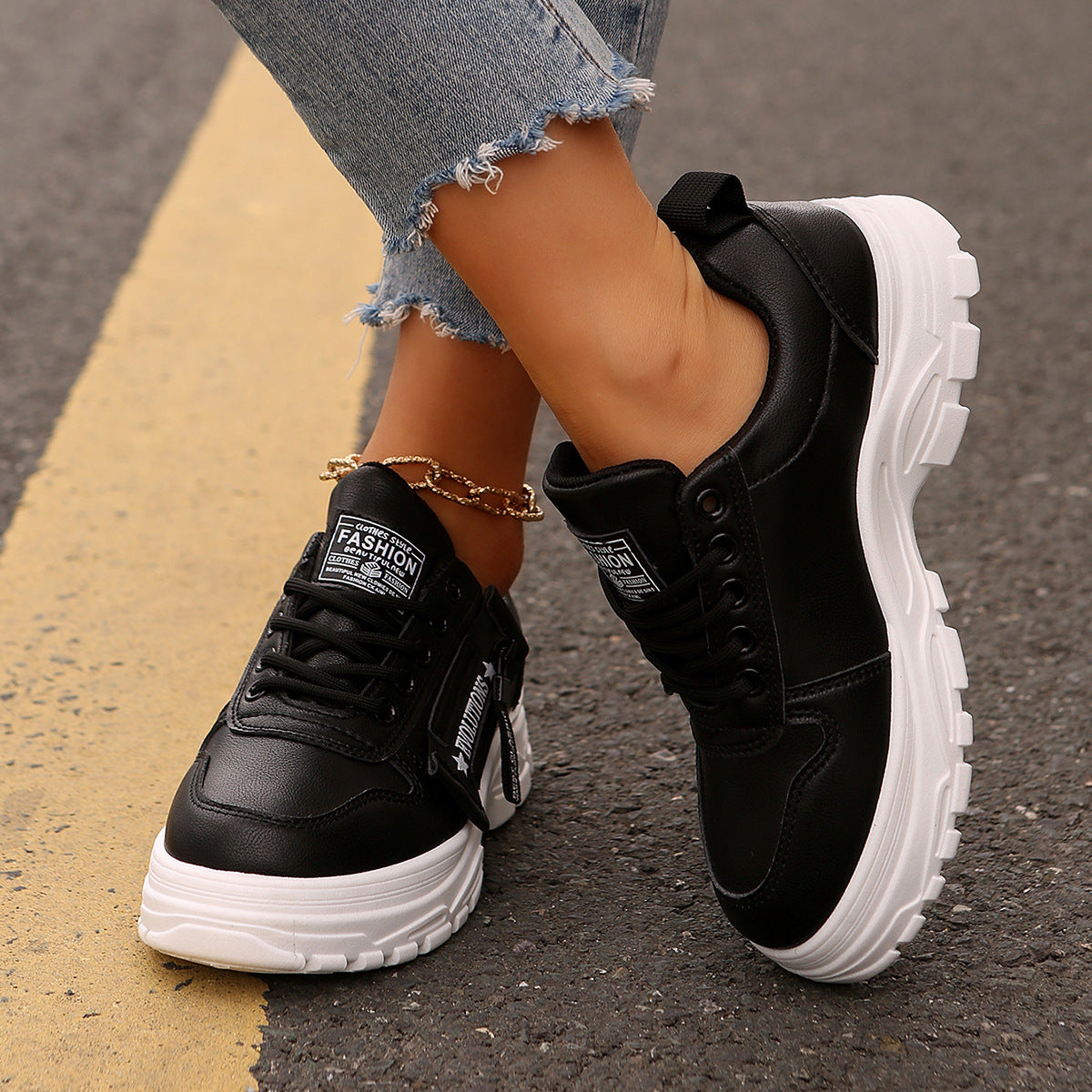 Damen Plateau Sneaker mit Seitenzipper – Sportliche Fashion Schuhe