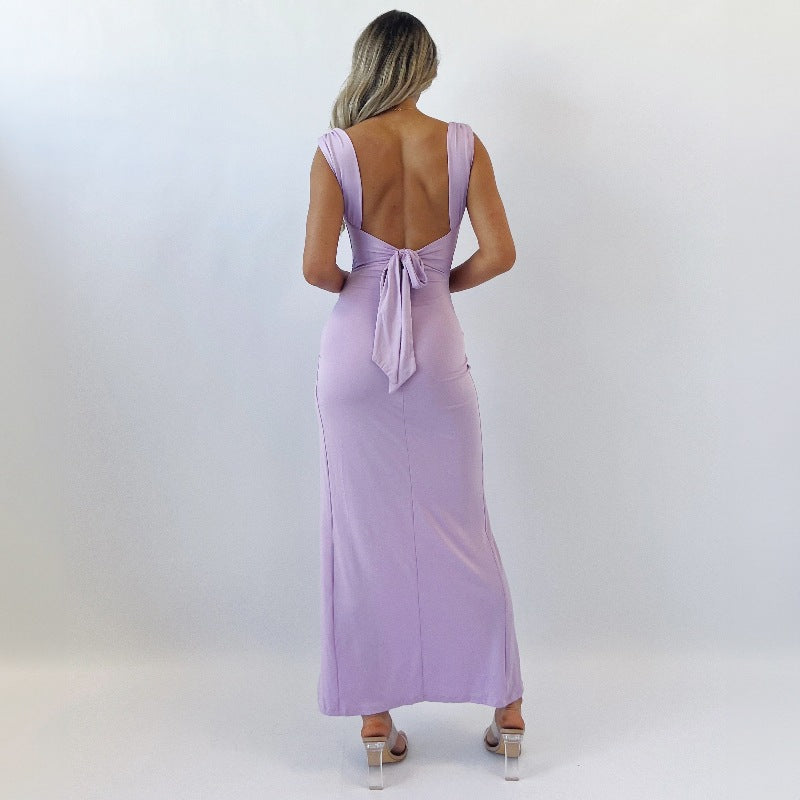 Elegant Slim Fit Dress with Slit – Sleeveless Dress with Back Tie
