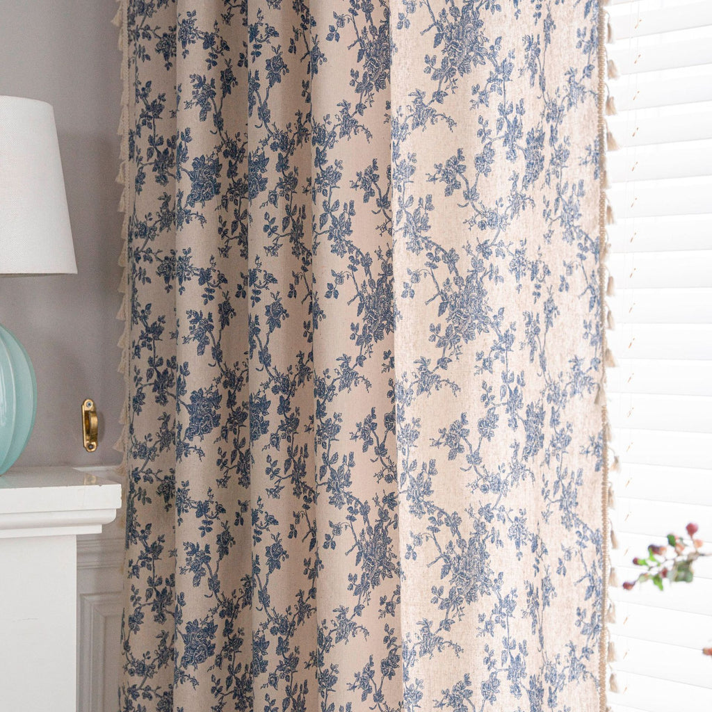 Bistro Gardine Baumwolle Leinen | beige Print Quasten Küche