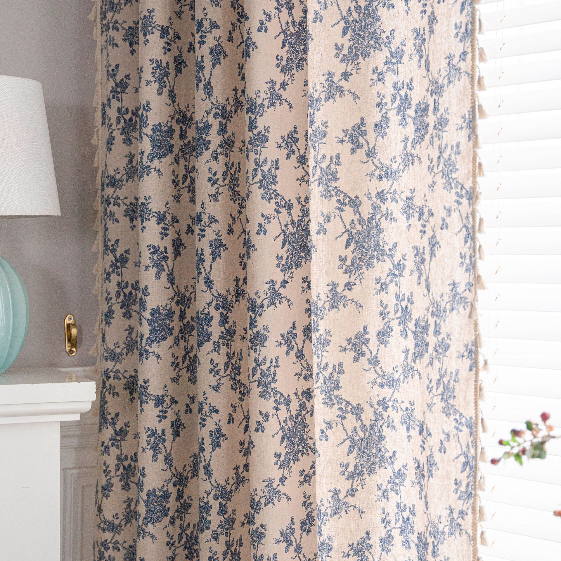 Bistro Gardine Baumwolle Leinen | beige Print Quasten Küche