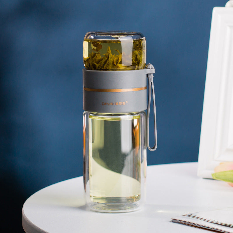Double-Walled Glass Water Bottle with Tea Infuser – Leak-Proof Premium