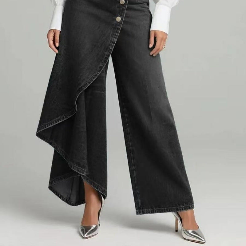 Women's Denim Skort with Button Placket – Washed Look Skirt Shorts