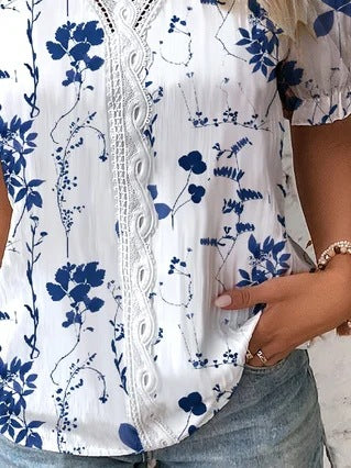 Women's Summer Blouse Lace V-Neck | Elegant Print Look