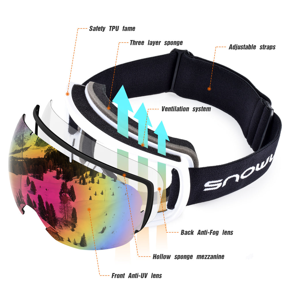 Double Lens Anti-Fog Ski Goggles | UV400 Protection Ski & Snowboard Goggles OTG