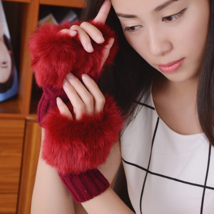 Damen Winter Halbfingerhandschuhe | Warme Plüsch Strickhandschuhe