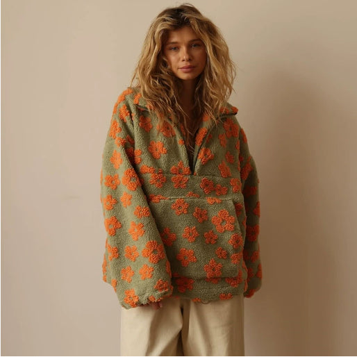 Women's Floral Fleece Pullover | Warm Oversized Look