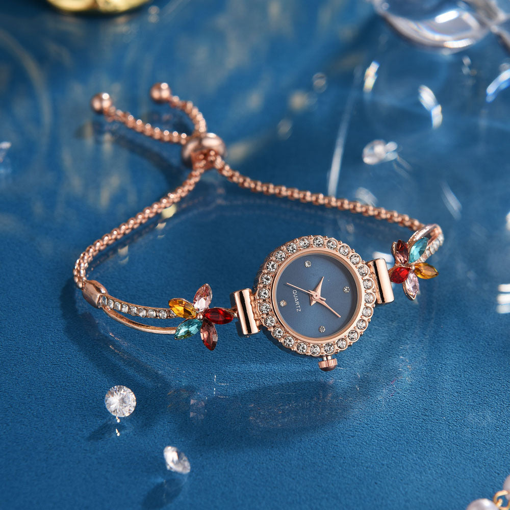 Neue modische runde Damenuhr mit Diamanten, verstellbarem Armband, Quarzuhr für Damen
