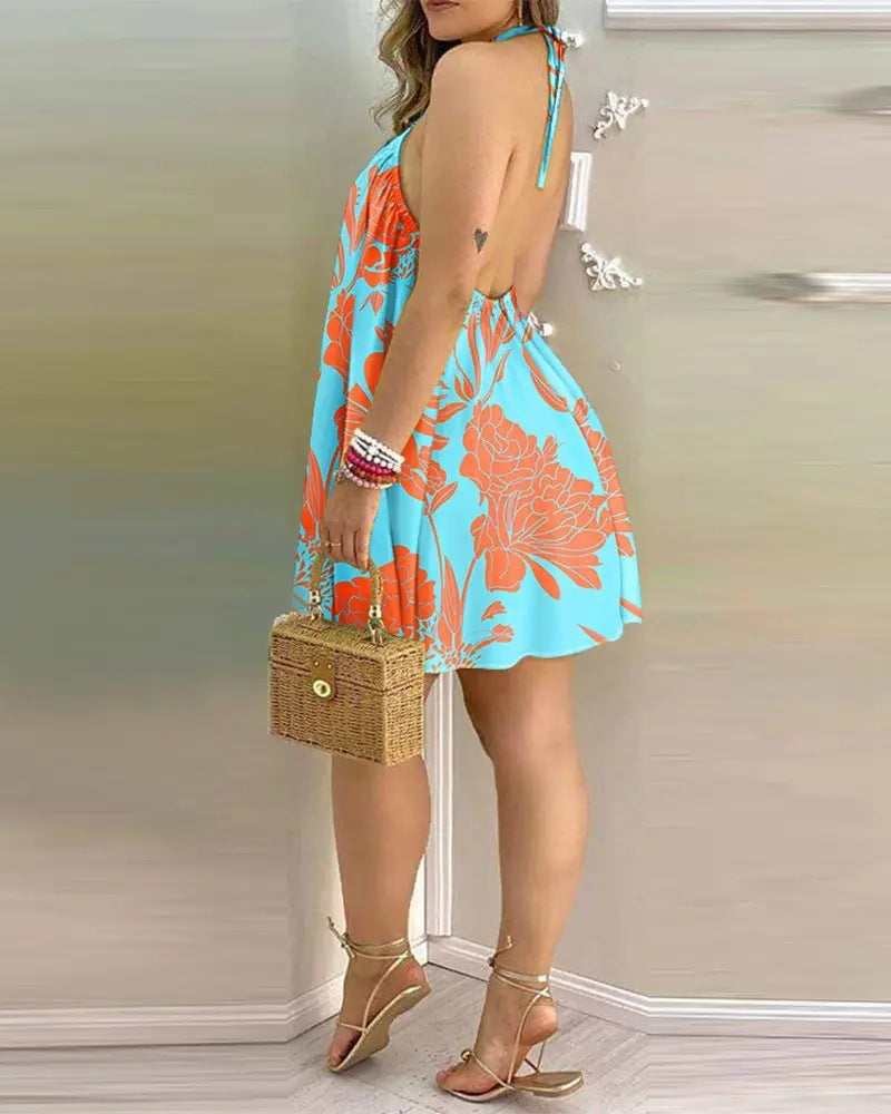 Sexy Off-Shoulder Sommerkleid – Ärmelloses Printkleid mit Halterneck