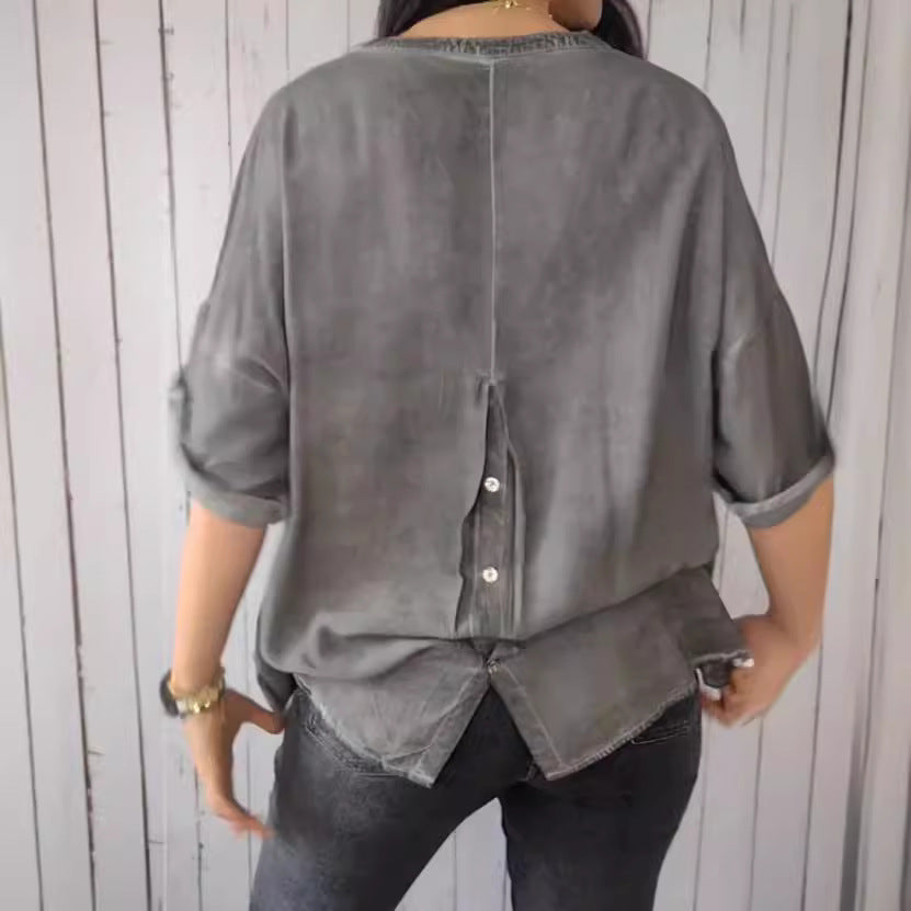 Plus Size Women's Cotton Linen V-Neck Shirt
