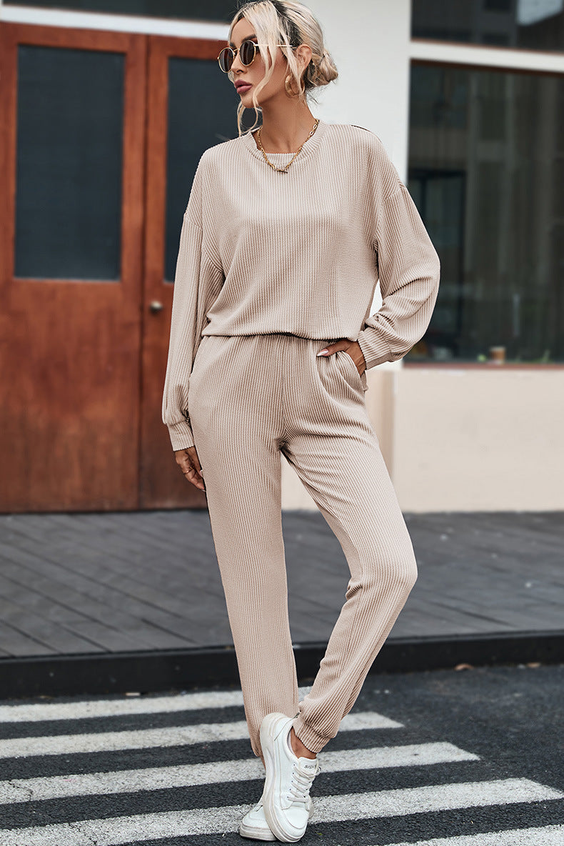 Women's Plain Loungewear Set – Long-Sleeved Top & Trousers Comfort Suit