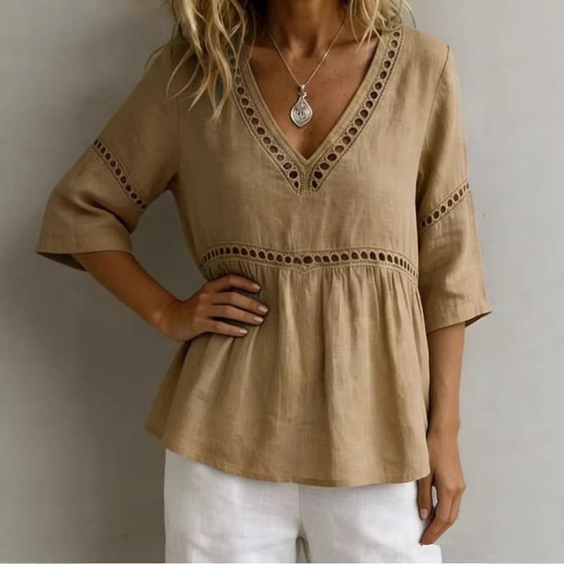 Women's V-Neck Top with Cut-Out – Fringes, Loose & Trendy