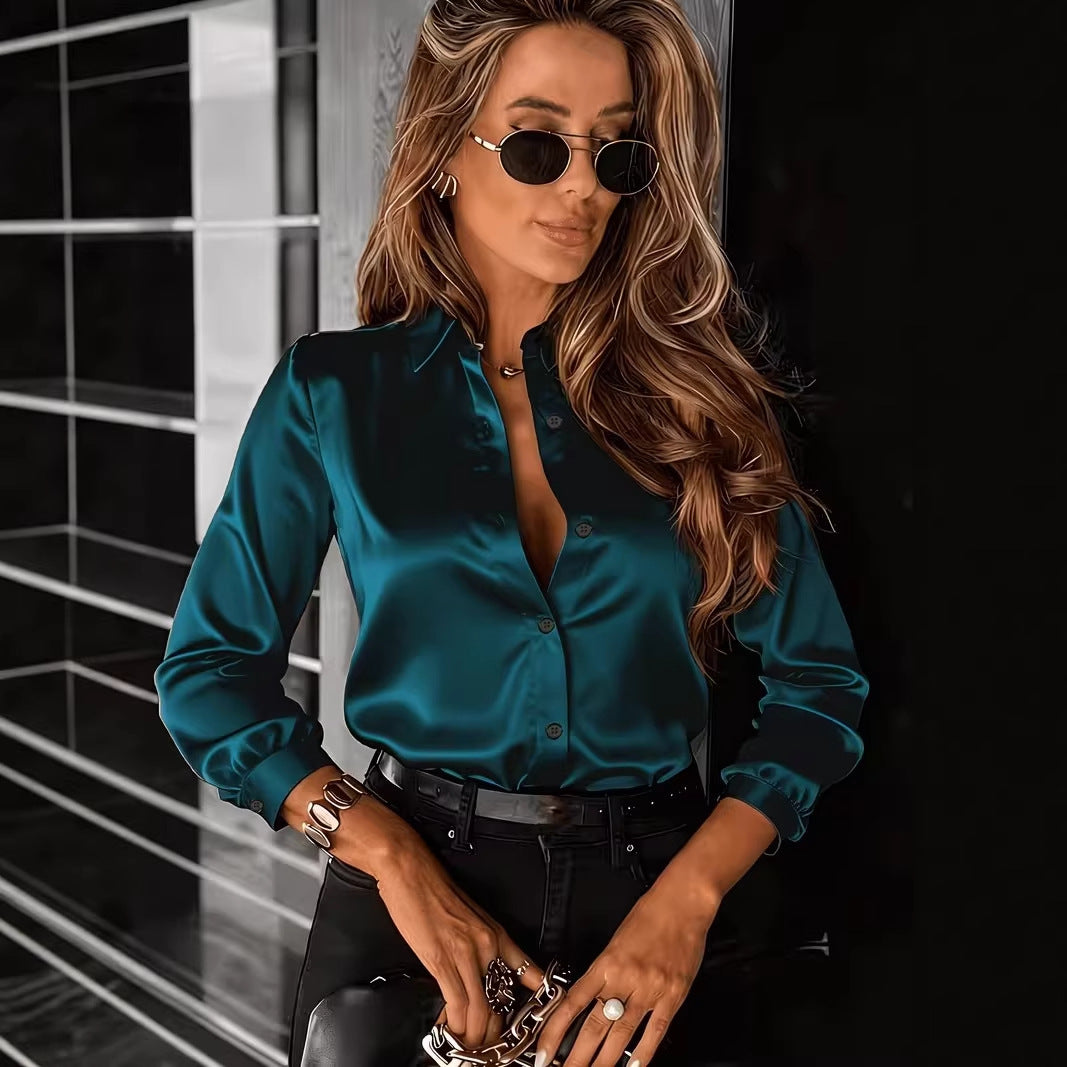 Elegant Women's Satin Blouse – Flowing, Long-Sleeve & Business Chic