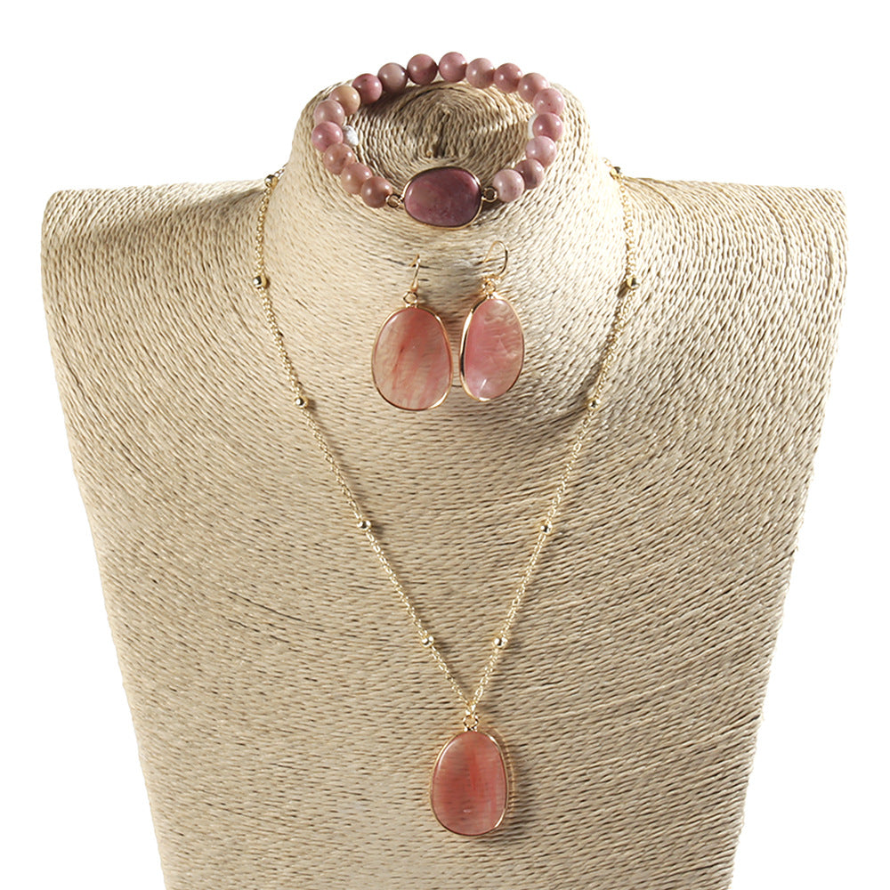 Golden Jewelry Set with Natural Stone – Necklace, Bracelet & Earrings for Women