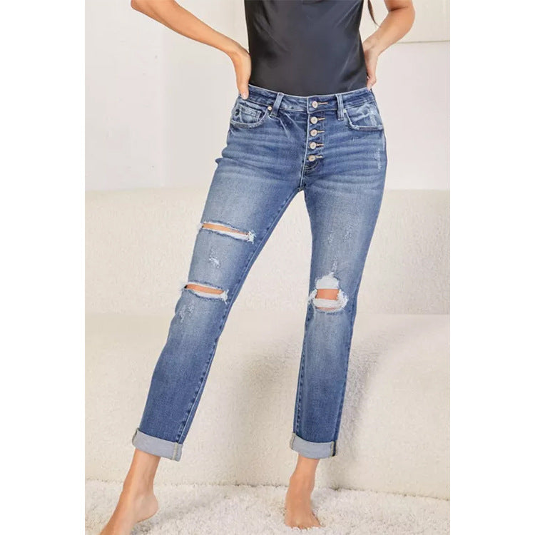 Women's Slim Fit Straight Leg Jeans – Ripped Cuffed Denim Pants
