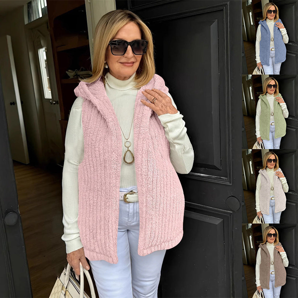 Damen Kapuzenweste Flauschig – Ärmellos, Warm & Casual Look