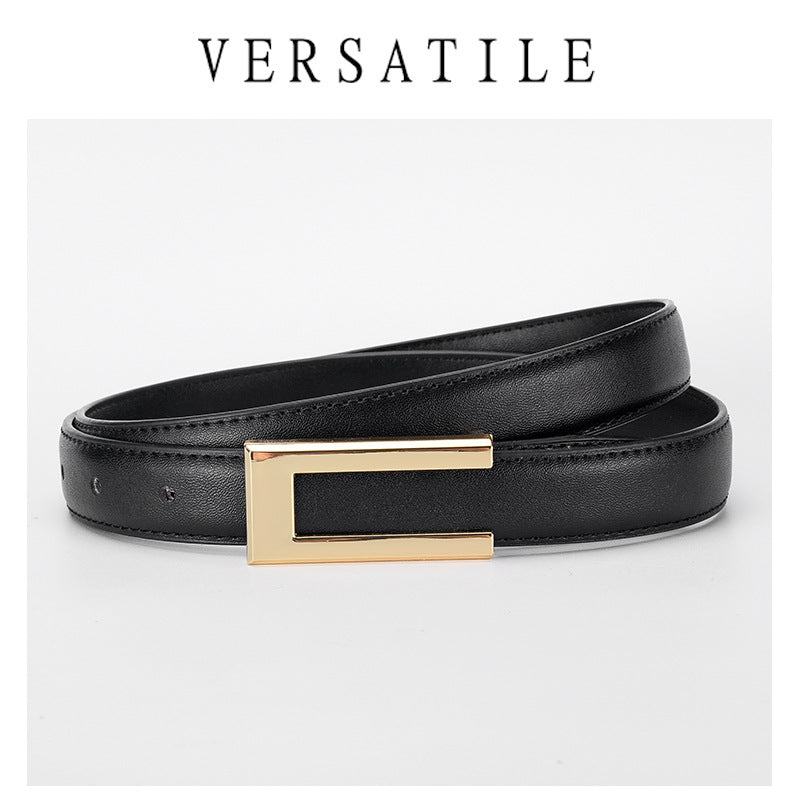 Women's Black Slim Leather Belt | Cowhide Retro Style