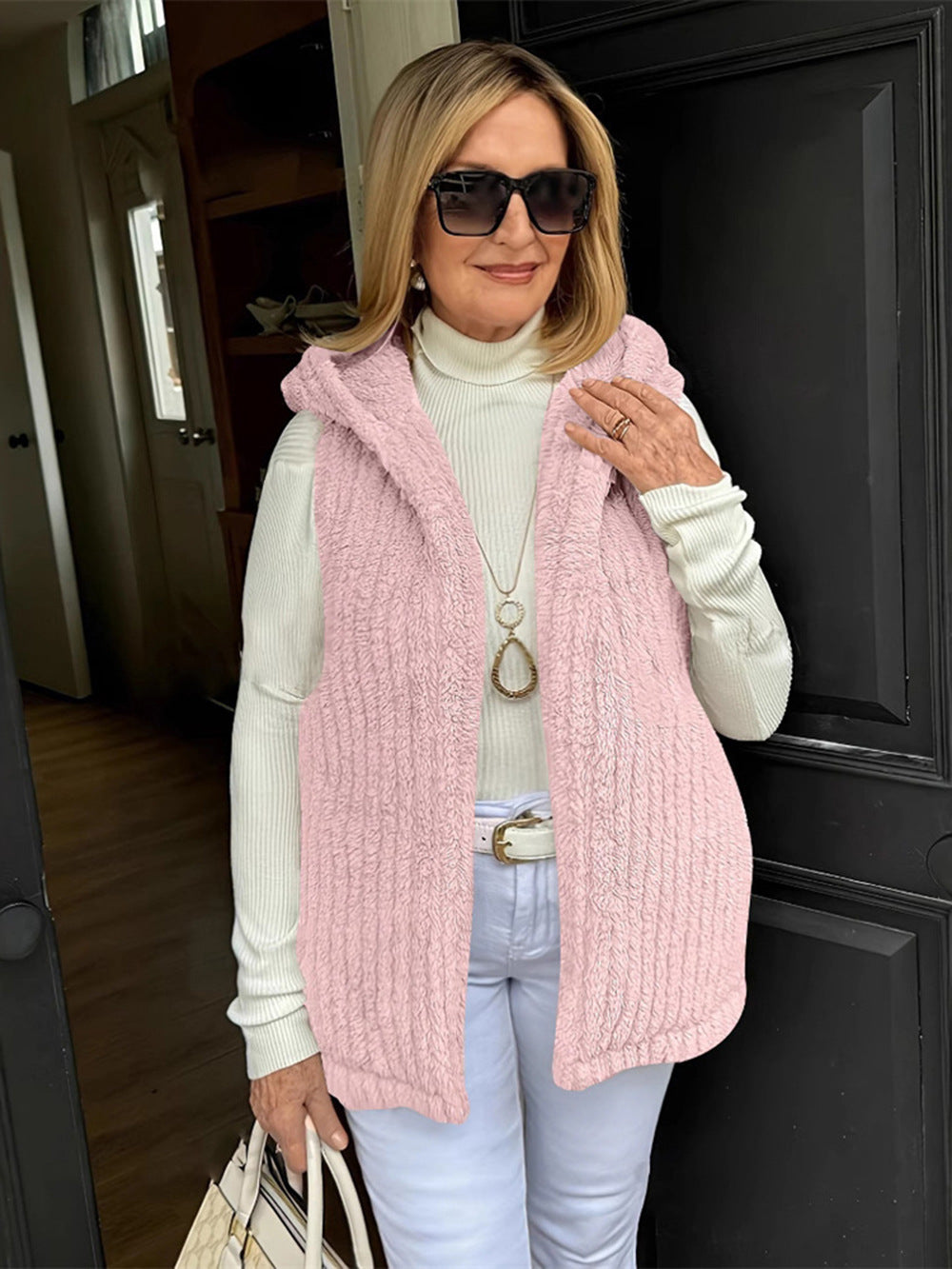 Damen Kapuzenweste Flauschig – Ärmellos, Warm & Casual Look