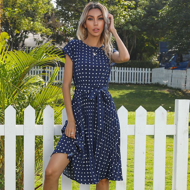 Elegant Polka Dot Midi Dress – Short Sleeve Dress with Belt for Office & Party