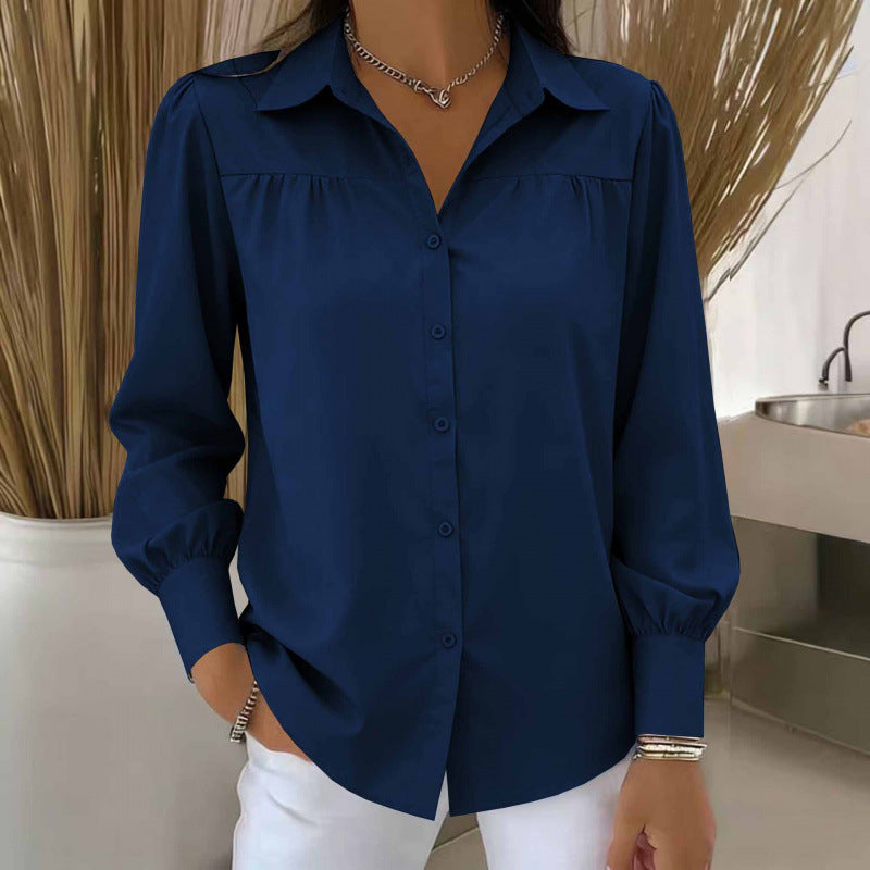 Women's Blouse with Lantern Sleeves – Solid Color, Loose & Elegant