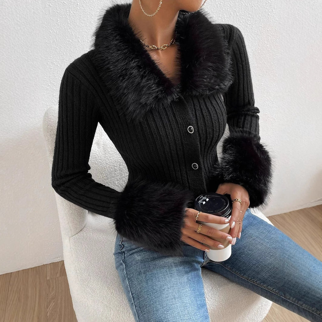 Elegant Cardigan with Fur Collar – Slim Fit V-Neck Cardigan