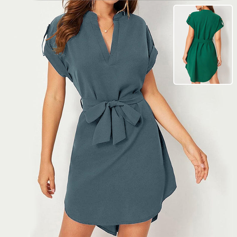 Summer V-neck Dress – Fitted Short-Sleeve Dress with Tie